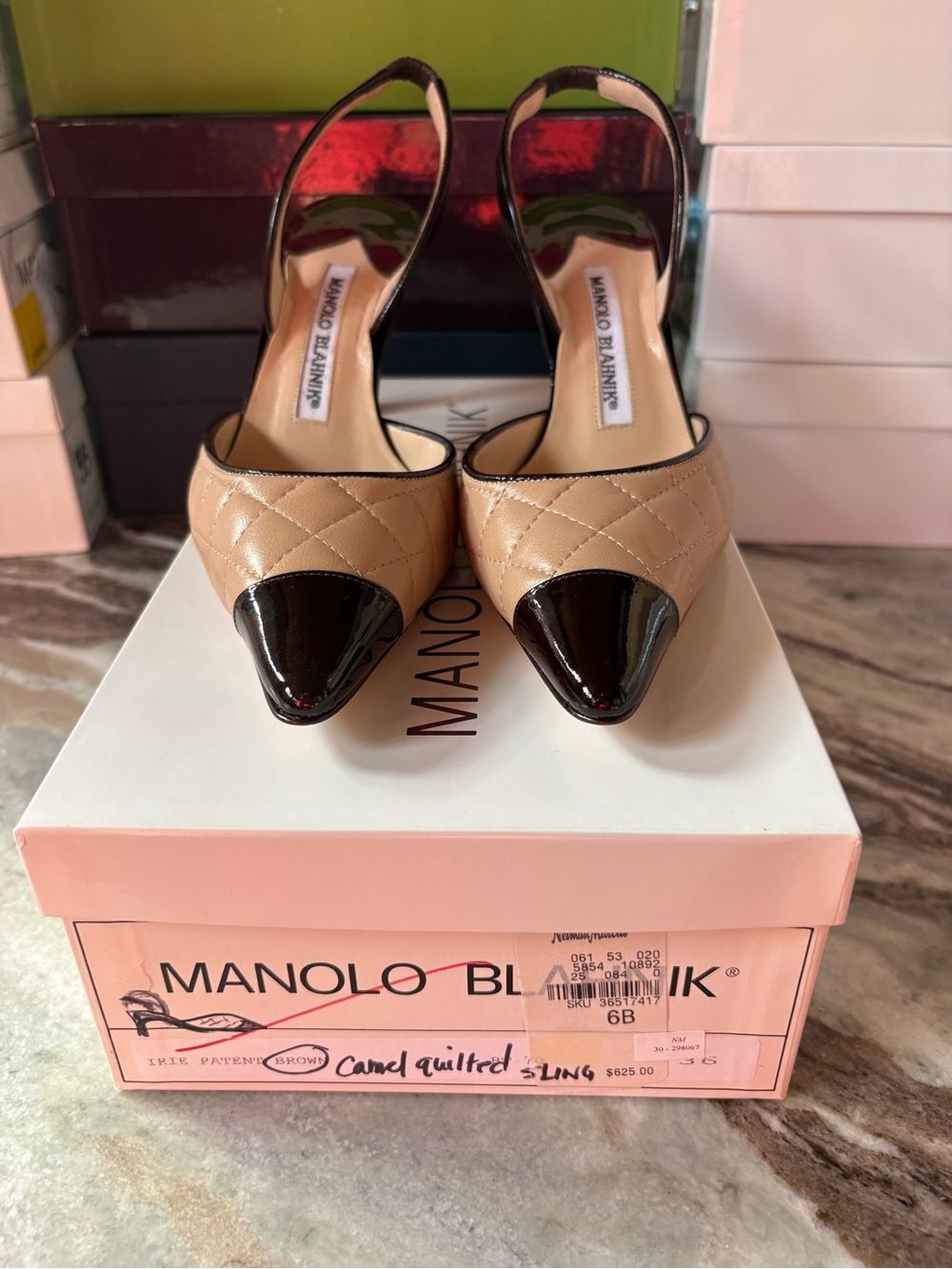 Manolo Blahnik Beige Quilted Slingback Pumps with Black Patent Toe